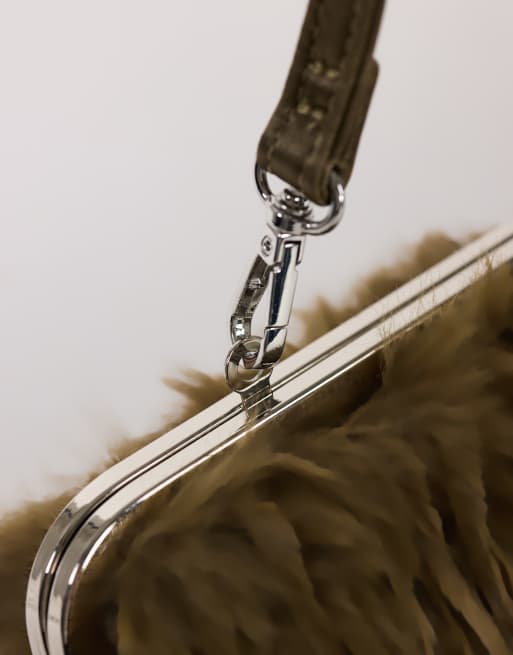 Topshop Steele small faux feather shoulder bag in khaki, 4 of 4
