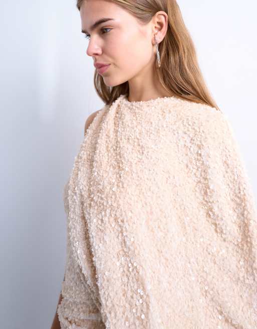 Topshop - Østersfarvet etærmet draperet minikjole i pailletstof, 3 af 4