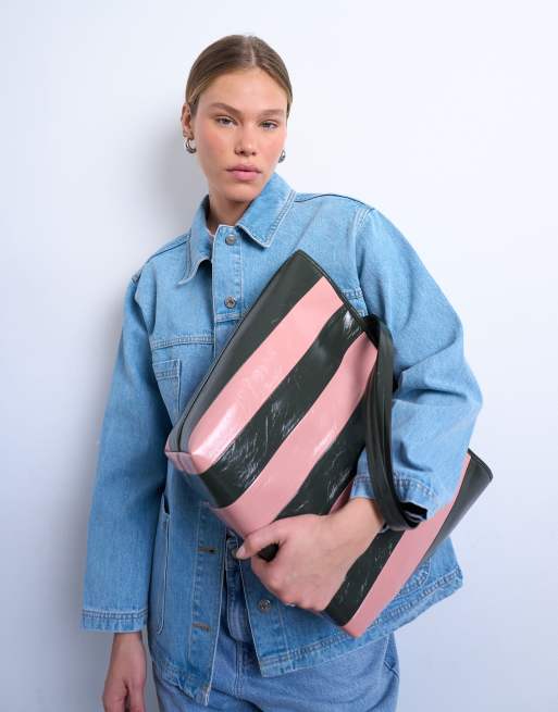 Topshop - Stevie - Borsa shopping in pelle sintetica a righe color rosa e kaki