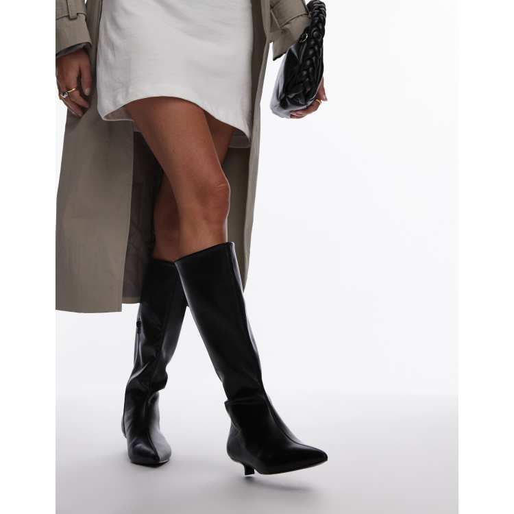 Topshop Stevie mid heel pointed toe knee high boots in black ASOS