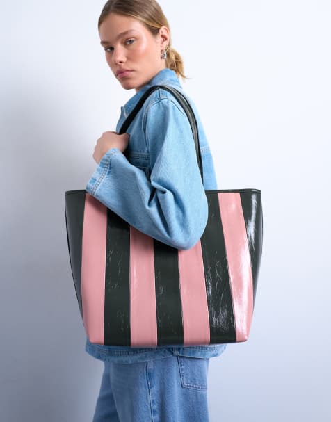 Topshop – Stevie – Tragetasche aus Kunstleder mit Streifen in Rosa und Khaki - view 1