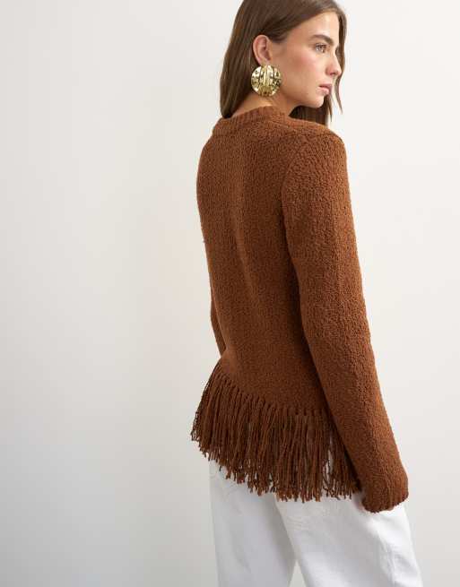 Topshop stickad asymmetrisk tröja med fransar i gingerbread, 4 av 4