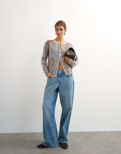 Topshop stickad borstad kofta med ull och mohair i brunt och blått, 3 av 4
