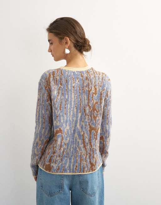 Topshop stickad borstad kofta med ull och mohair i brunt och blått, 4 av 4