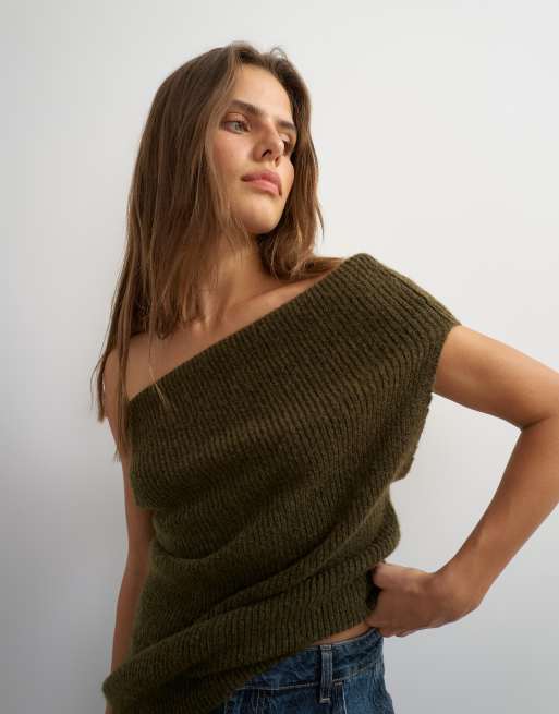 Topshop stickad enaxlad draperad topp i khaki, 2 av 4