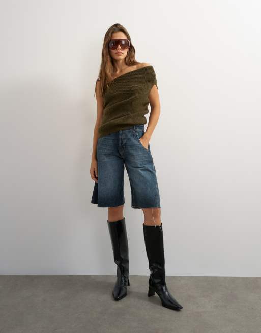Topshop stickad enaxlad draperad topp i khaki, 3 av 4