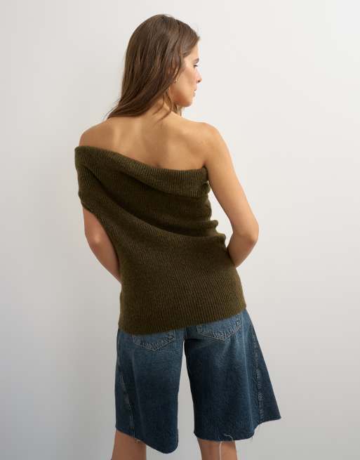 Topshop stickad enaxlad draperad topp i khaki, 4 av 4