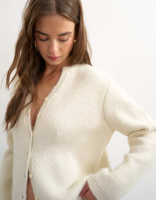 Topshop stickad fluffig cardigan med lugg i ivory, 2 av 4