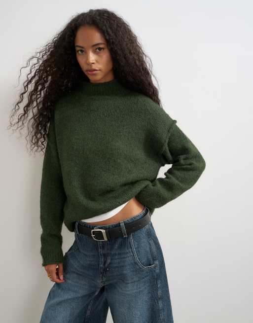 Topshop stickad grov tröja i ullmix med rullad kant i olivgrönt, 4 av 4