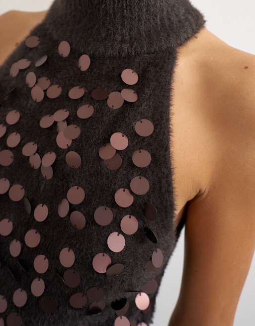 Topshop stickad halterneck-paljettopp i chokladbrun, 4 av 4