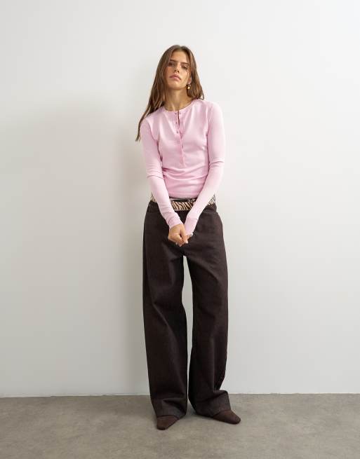 Topshop stickad henleytopp i mjuk rosa, 3 av 4