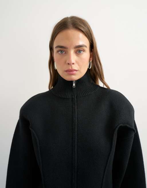Topshop stickad jacka med axelvaddar och dekorativ söm i svart, 3 av 4