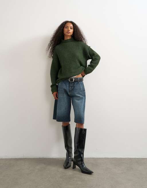 Topshop stickad lång grov tröja i ullmix med rullad kant i olivgrön, 4 av 4