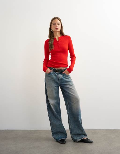 Topshop stickad långärmad henley-topp i ullmix, röd, 2 av 4