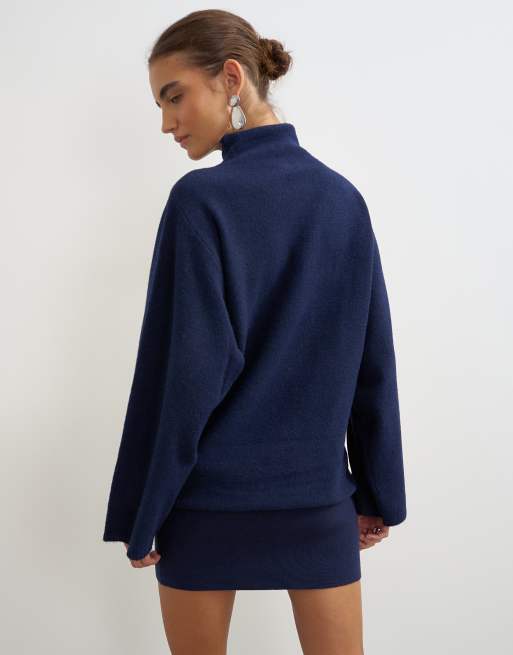 Topshop stickad långärmad miniklänning med ull i marinblått, 4 av 4