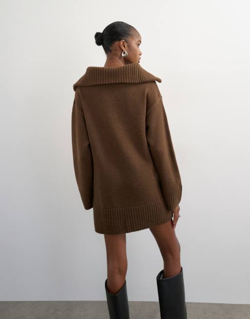 Topshop stickad miniklänning med öppen krage och ull i brun, 4 av 4