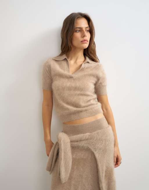 Topshop stickad polotopp i borstad kashmir, mixa och matcha, neutral, 3 av 4