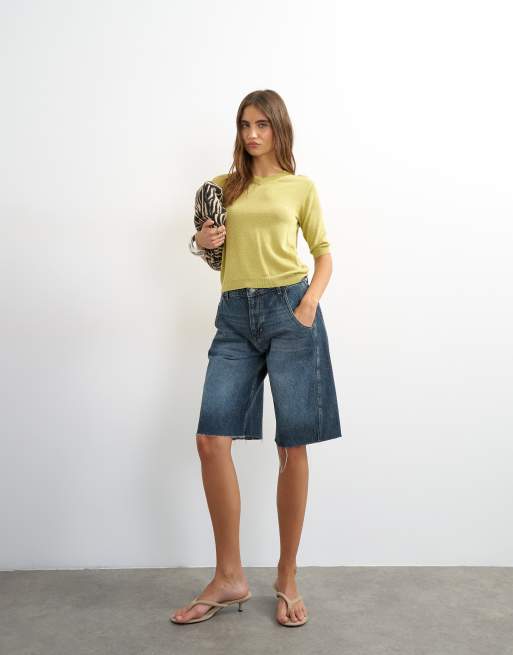 Topshop stickad polotopp med korta ärmar och v-ringning i lime, 4 av 4