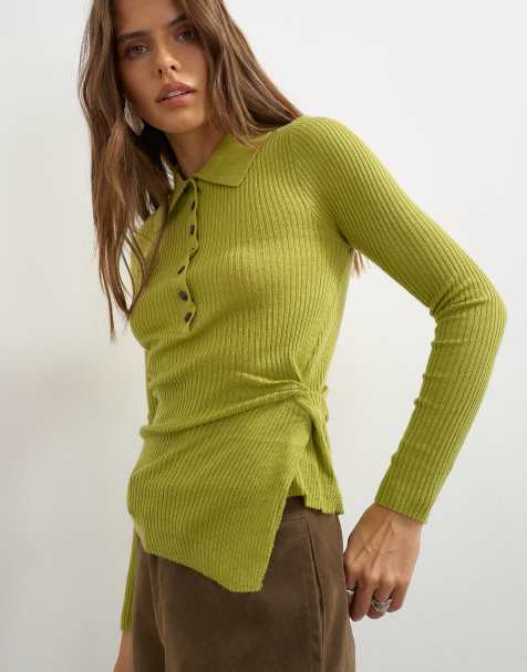 Topshop stickad polotopp med sidotwist i lime - view 1