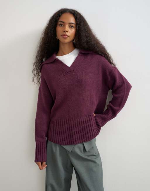 Topshop stickad polotröja med krage och rundad fåll i mullbär, 2 av 4