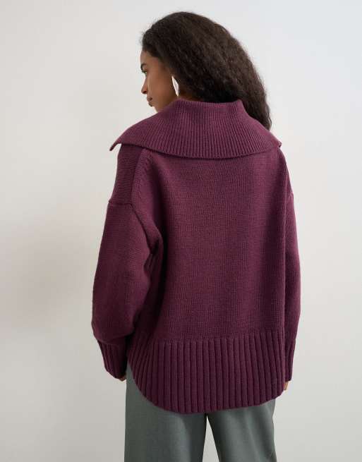Topshop stickad polotröja med krage och rundad fåll i mullbär, 4 av 4