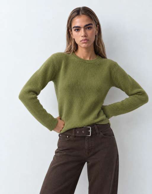 Topshop stickad premiumtröja i lammull med mjuka axelvaddar i grönt med blå kant, 9 av 9