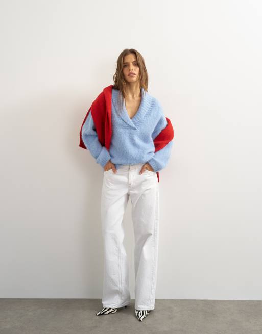 Topshop stickad premiumtröja med sjalkrage och ull i blått, 3 av 4
