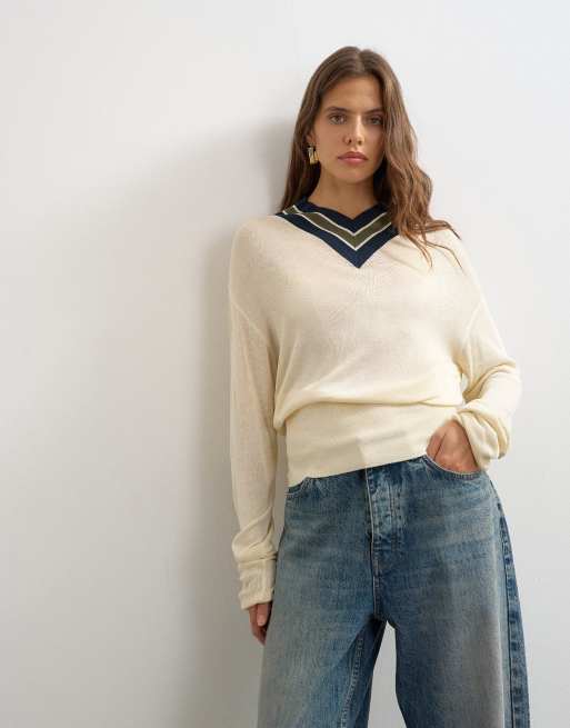 Topshop stickad randig tröja med hög v-ringning i naturvit och blå, 3 av 4
