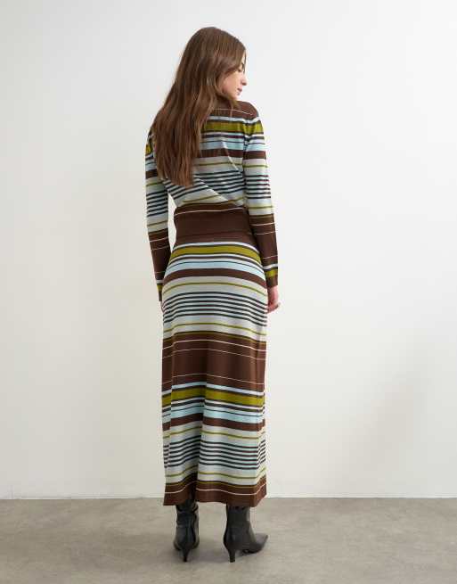 Topshop stickad setrandig maxikjol med hel fåll i burgundy multi, 2 av 5