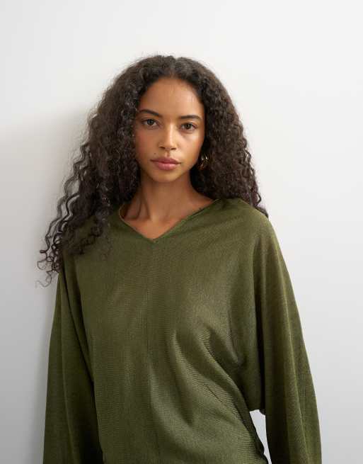 Topshop stickad slouchy finstickad tröja med batwingärmar i khaki, 2 av 4