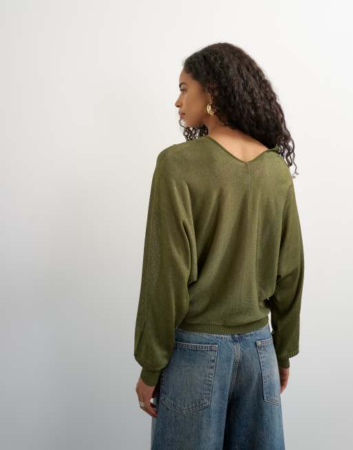 Topshop stickad slouchy finstickad tröja med batwingärmar i khaki, 4 av 4