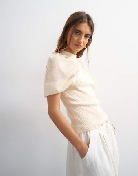 Topshop stickad topp med kort ärm, skir och rynkad i ivory - view 1