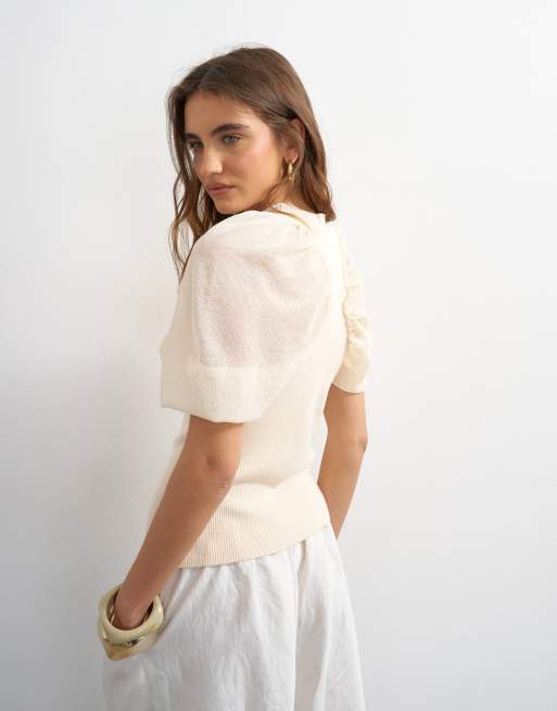 Topshop stickad topp med kort ärm, skir och rynkad i ivory, 2 av 4