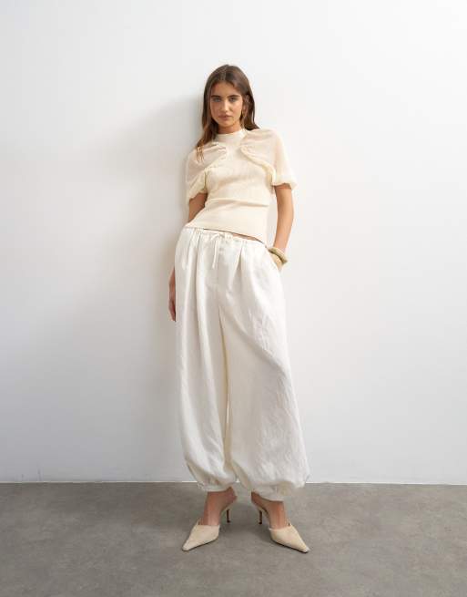 Topshop stickad topp med kort ärm, skir och rynkad i ivory, 3 av 4