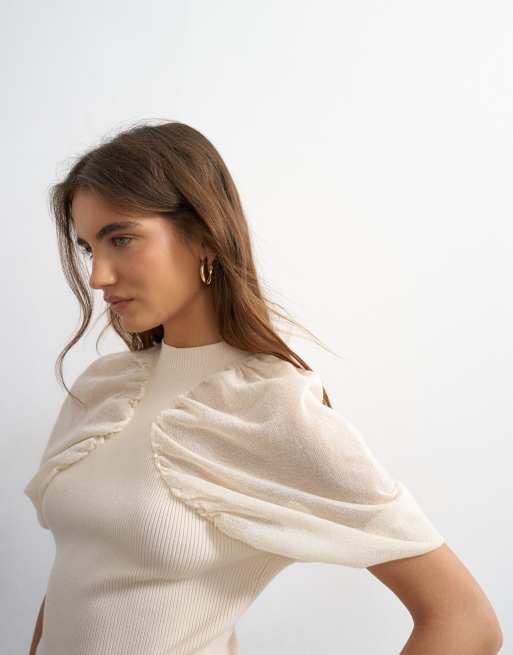 Topshop stickad topp med kort ärm, skir och rynkad i ivory, 4 av 4