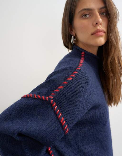Topshop stickad tröja med rullad kant och blanket stitch i navy, 3 av 4