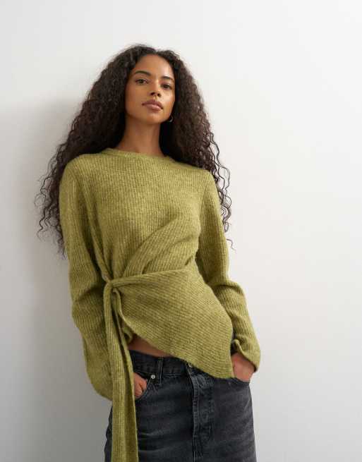 Topshop stickad tröja med sidoknytning och ull i olivgrönt, 2 av 4