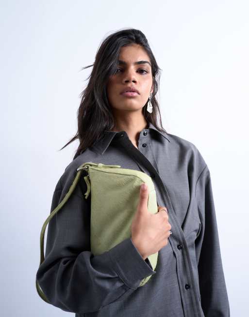 Topshop – Stina – Grön, liten axelväska i hårigt äkta läder, 4 av 4