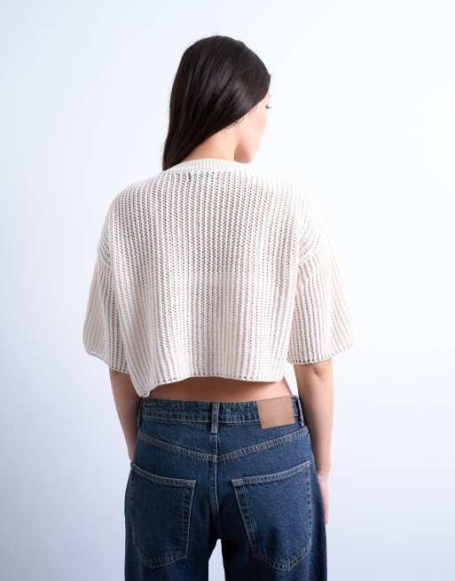 Topshop stitchy half sleeve knitted cardigan in cream, 4 of 4