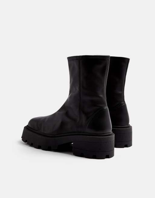 Topshop - Stivaletti a calza in pelle nera con punta squadrata e suola spessa, 2 di 4