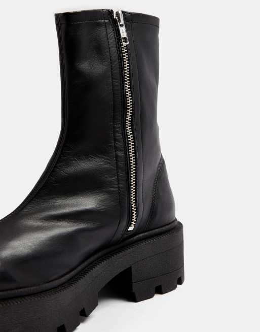 Topshop - Stivaletti a calza in pelle nera con punta squadrata e suola spessa, 3 di 4