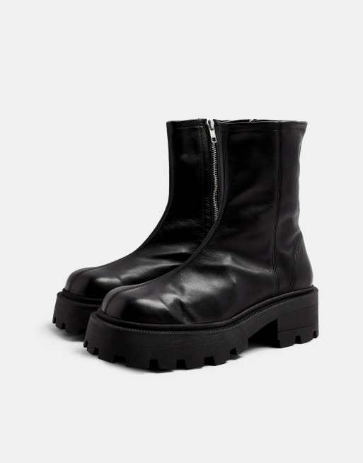 Topshop - Stivaletti a calza in pelle nera con punta squadrata e suola spessa, 4 di 4