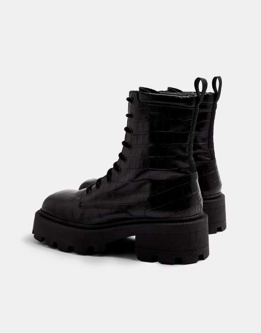 Topshop - Stivaletti stringati con punta squadrata e suola spessa in pelle nero effetto coccodrillo, 2 di 4