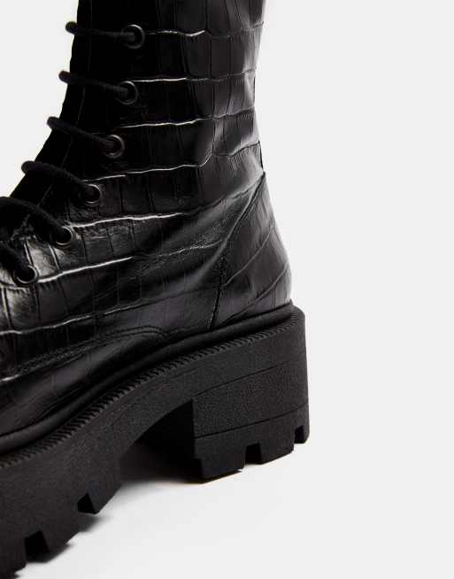 Topshop - Stivaletti stringati con punta squadrata e suola spessa in pelle nero effetto coccodrillo, 3 di 4