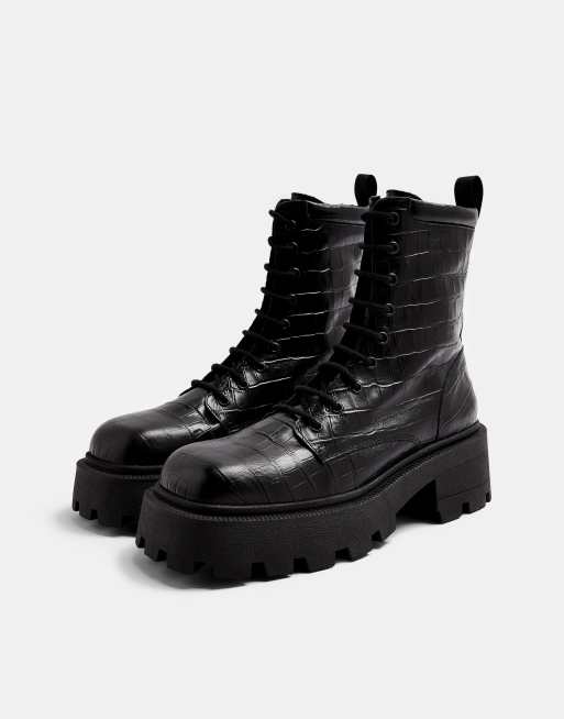 Topshop - Stivaletti stringati con punta squadrata e suola spessa in pelle nero effetto coccodrillo, 4 di 4