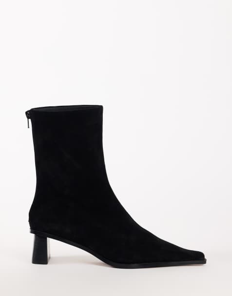 Topshop stivaletto alla caviglia a punta con tacco largo in vera pelle scamosciata nero - view 1