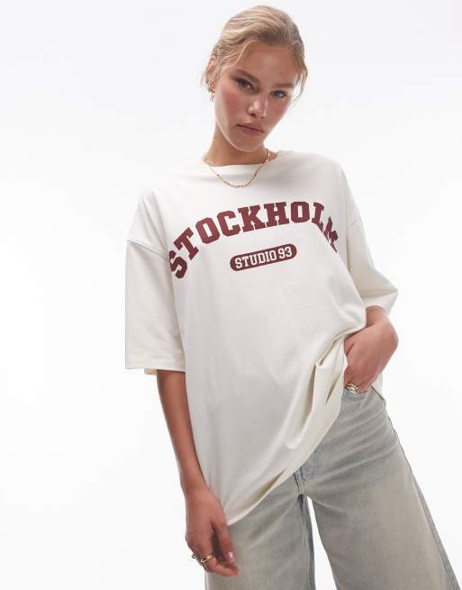Topshop Stockholm oversized graphic tee in ecru, 4 of 4