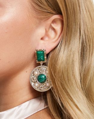 Topshop stone and pearl embellished disc drop earrings in gold and green