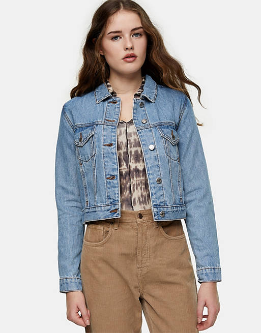 Topshop stone wash oversized recycled cotton denim jacket in mid wash blue