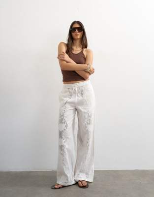 Topshop Straight Broderie Trouser In Ecru-neutral
